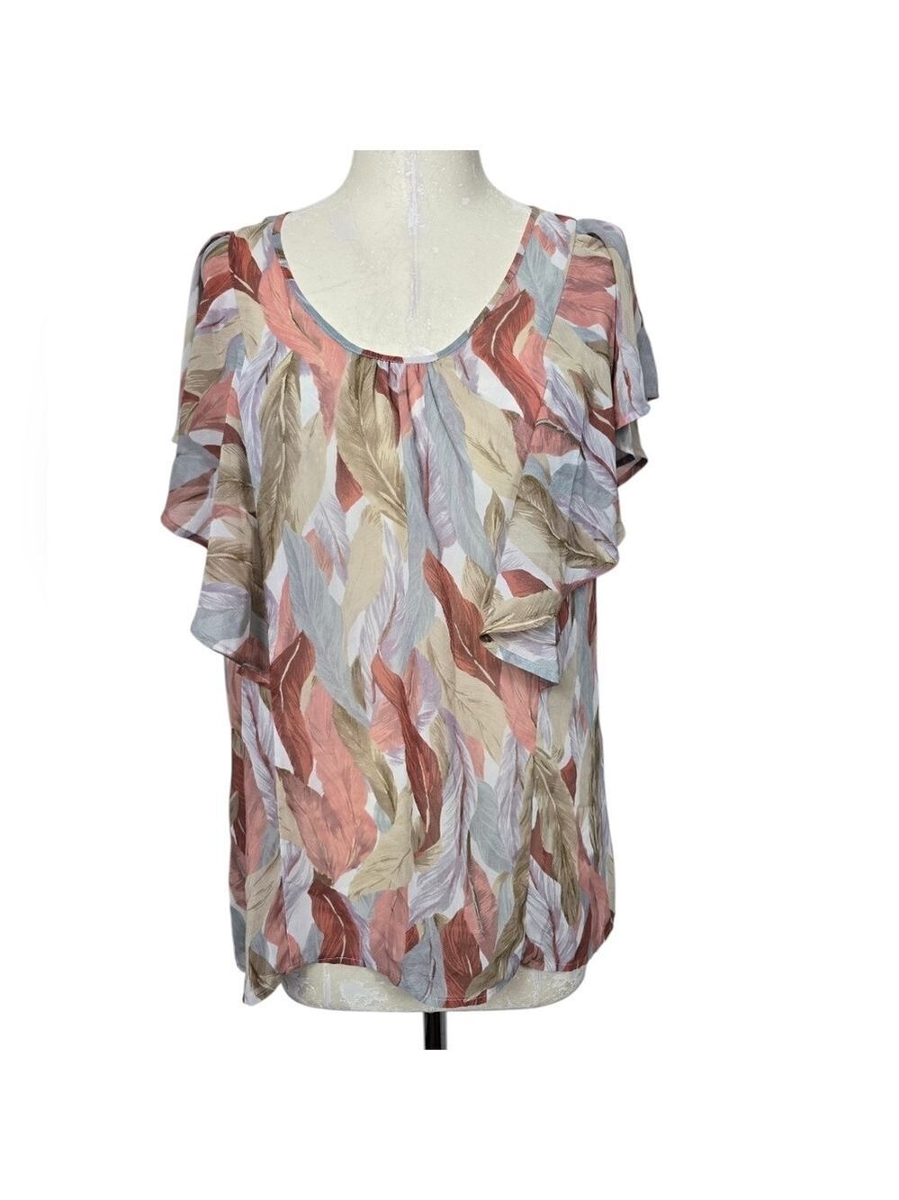 LC Lauren Conrad Gray Red Scoop Neck Sheer Flutter Sleeve Keyhole Blouse M